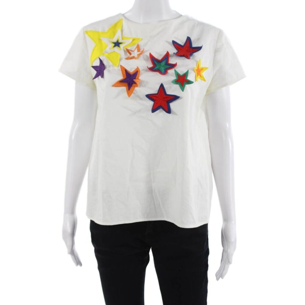 Mira Mikati Women White Cotton Round Neck Short Sleeve Blouse Zip Size 8
